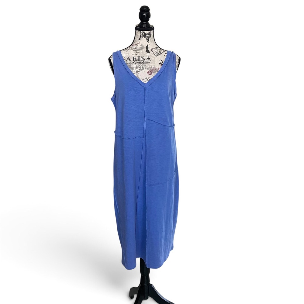 J.Jill Dress Womens Medium Blue Sea Cotton Slub V-Neck Sleeveless Midi Coastal